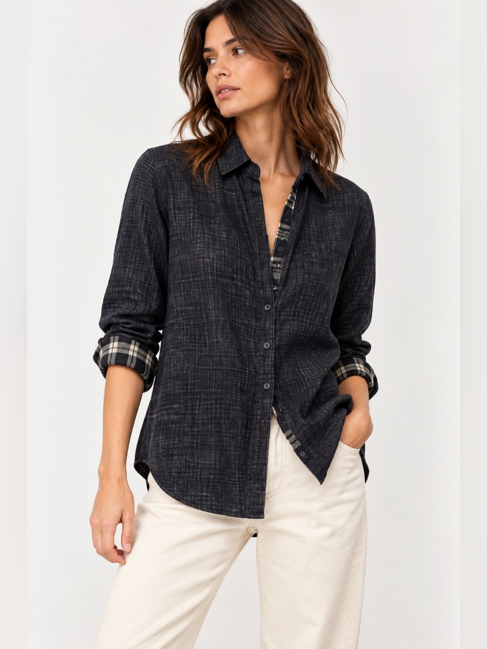 Rag & Bone Black Tonal Plaid Longline Button Front Shirt XS